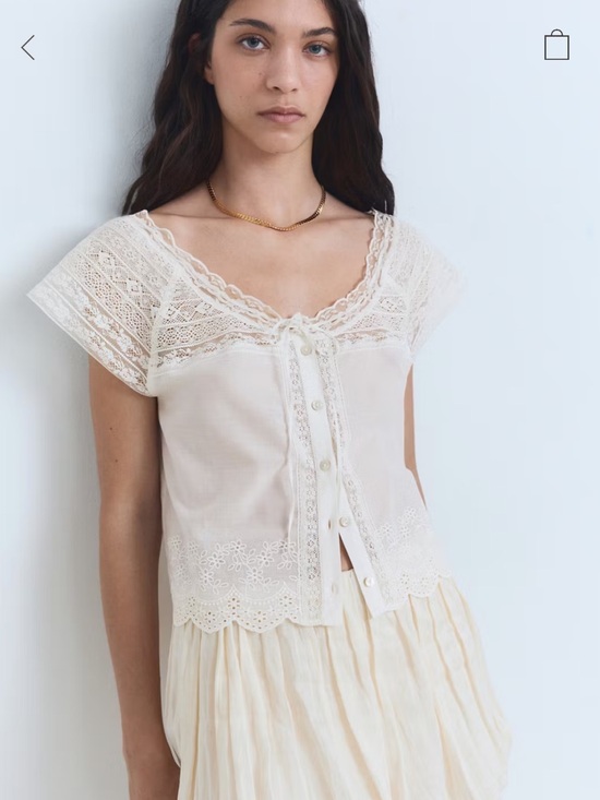 Mango Tops - Mango NWT Cotton Lace Eyelet Scallop Delicate Cream Button Front Blouse Doen
